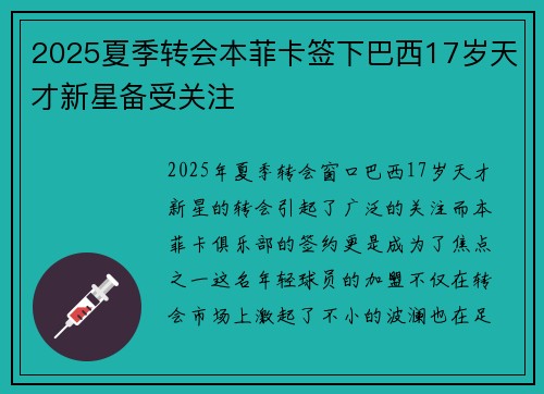 2025夏季转会本菲卡签下巴西17岁天才新星备受关注